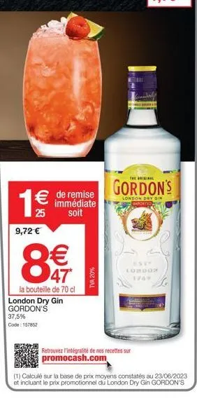 gordon's original london dry gin: 8€/bouteille (70cl/37,5%), 1€ de remise! réservez-le maintenant!