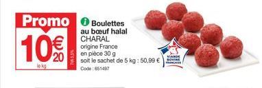 Promo : Boulettes au Bœuf Halal CHARAL Origine France - 10€ le Kg - Sachet de 5 kg : 50,99€