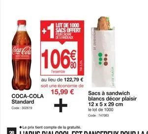 lot de 1000 sacs à sandwich blancs décor plaisir 12x5 + coca-cola standard à 15,99€ moins cher !