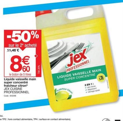 Promo de -50% : Liquide Vaisselle Main Super Concentré Fraîcheur Citron JEX CUISINE PROFESSIONNEL - 5L à 8€ seulement !